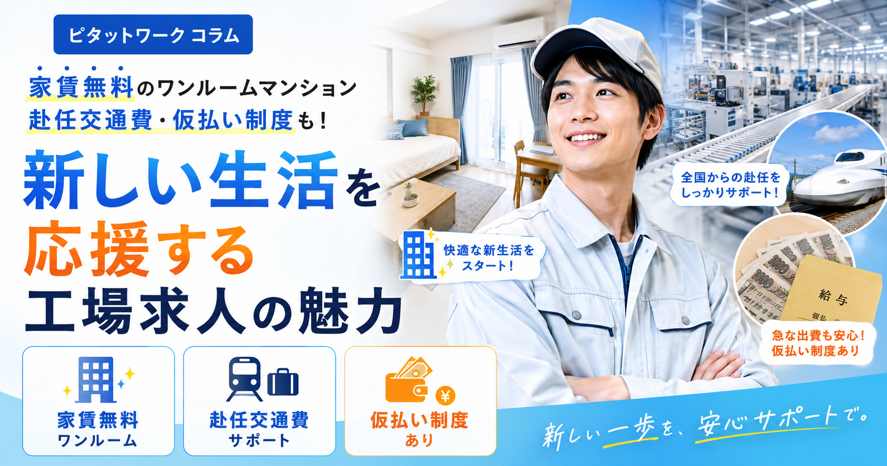 家賃無料のワンルームマンション・赴任交通費・仮払い制度も！新しい生活を応援する工場求人の魅力